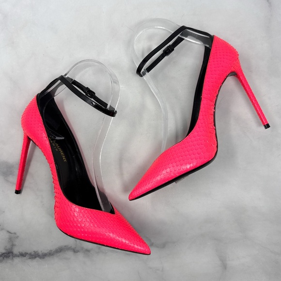 Saint Laurent Zoe 105 Ankle Strap Leather Snakeskin Pointed Toe Pump Heels Neon - Picture 6 of 16
